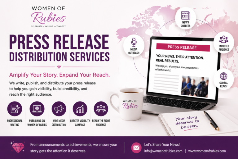 Promotional graphic for Women of Rubies Press Release Distribution Services, highlighting professional press release writing, publishing, and media distribution for businesses, entrepreneurs, and organizations.