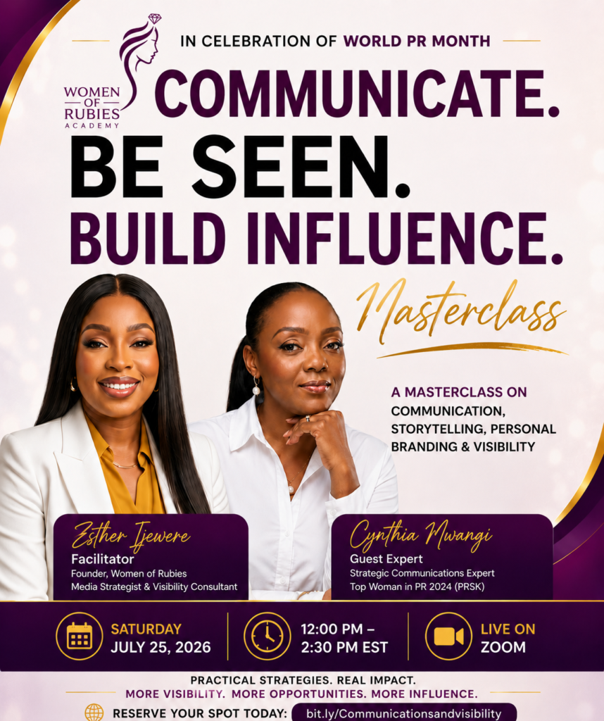 Flyer of the Communicate, be Seen and Build Influence Masterclass by Women of Rubies. In celebration of World PR Day
