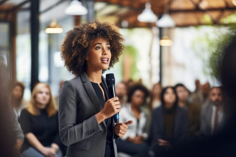 How to Become More Visible and Build Influence Confident businesswoman speaking at a professional conference about media visibility, personal branding, and leadership.