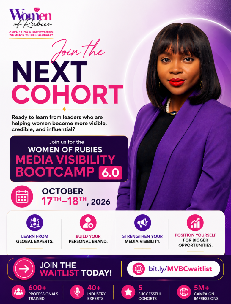 Women of Rubies Media Visibility Bootcamp 6.0 waitlist flyer for the virtual event taking place October 17–18, 2026.