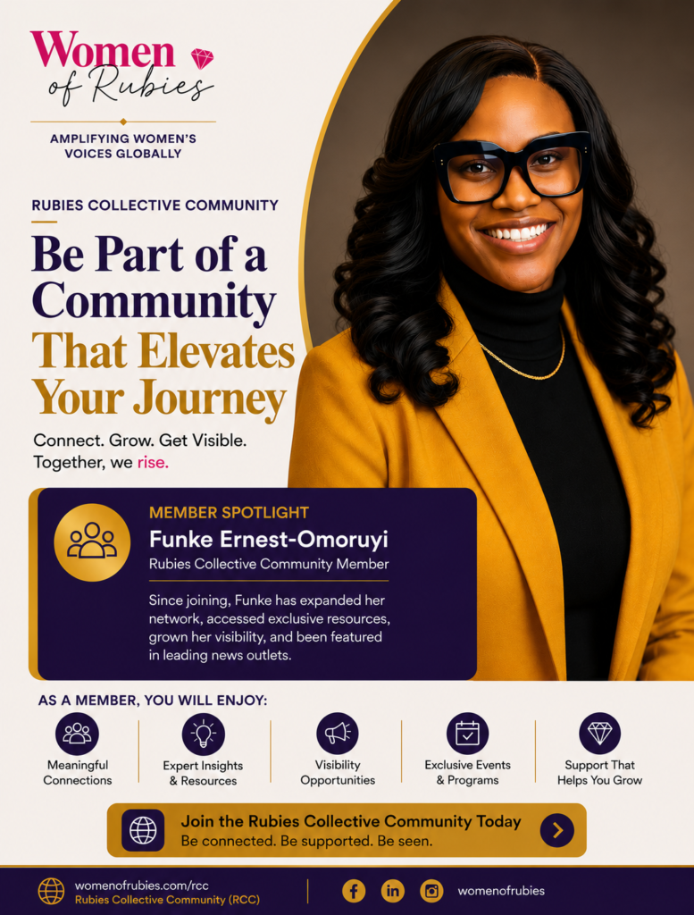 Rubies Collective Community membership flyer for women entrepreneurs, professionals, and changemakers seeking visibility, connection, and growth.