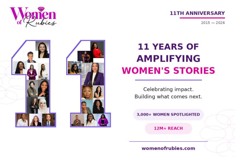 Women of Rubies at 11 anniversary graphic celebrating women’s stories and impact