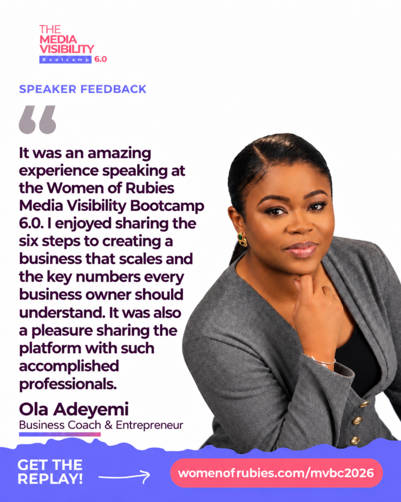 Business coach and entrepreneur Ola Adeyemi shares speaker feedback about teaching business scaling strategies at the Women of Rubies Media Visibility Bootcamp 6.0.
