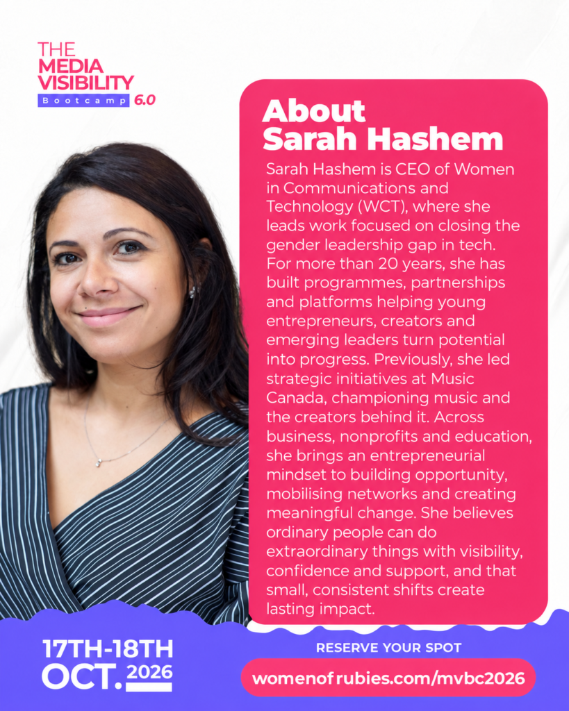 Sarah Hashem bio flyer highlighting her WCT leadership and experience building programmes and partnerships